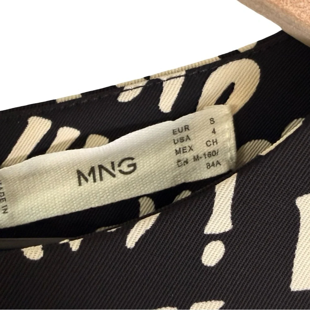 Mango‎ Typographic Print Maxi Dress Womens 4 Black Cream NWT Long Sleeve Ruched